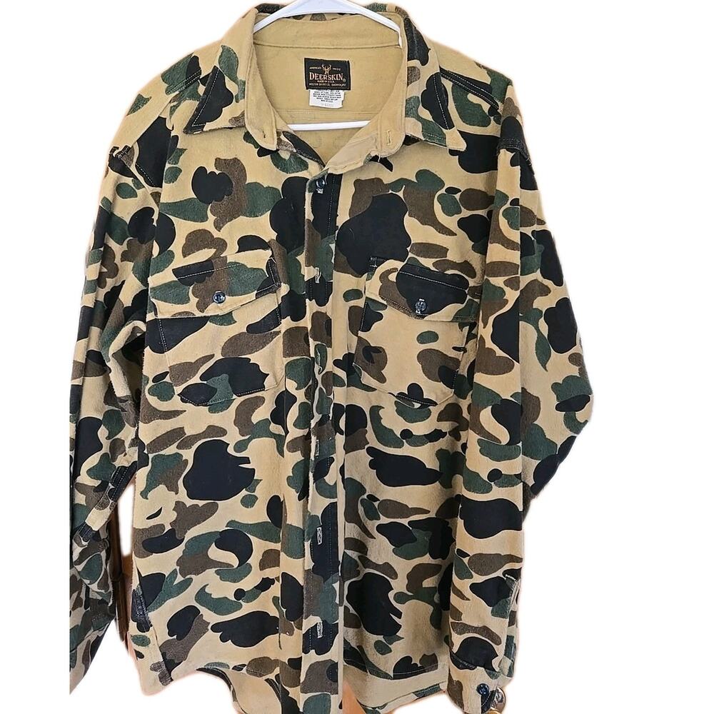 Vtg Melton Deerskin Chamois Camo Flannel Shirt Field Outdoor Western Made USA XL